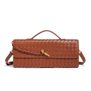 Brown woven leather shoulder handbag with detachable chain strap