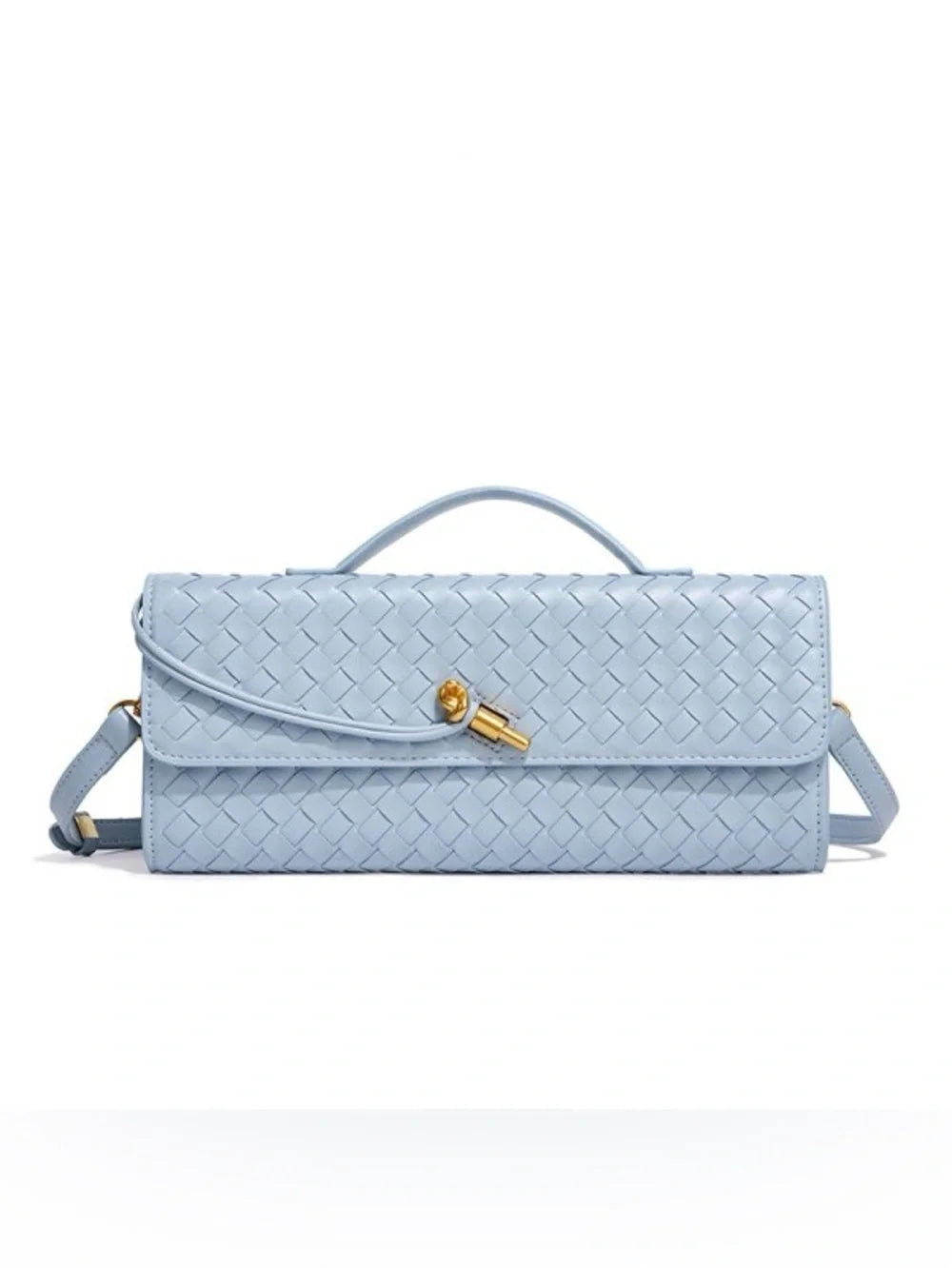 Blue Woven Leather Shoulder Handbag with Detachable Chain