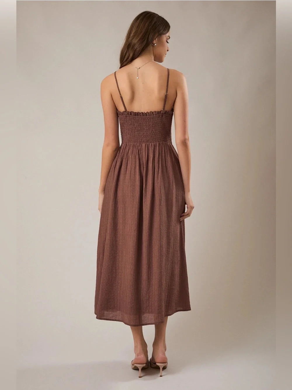 Chocolate Smocked Midi Dress - Elegant Spaghetti Strap