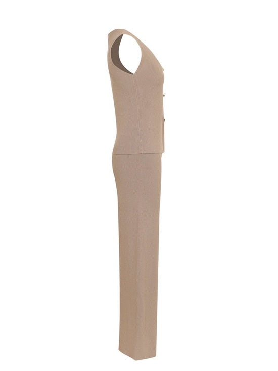 Mocha Wide Leg Pants & Gold Button Vest Set