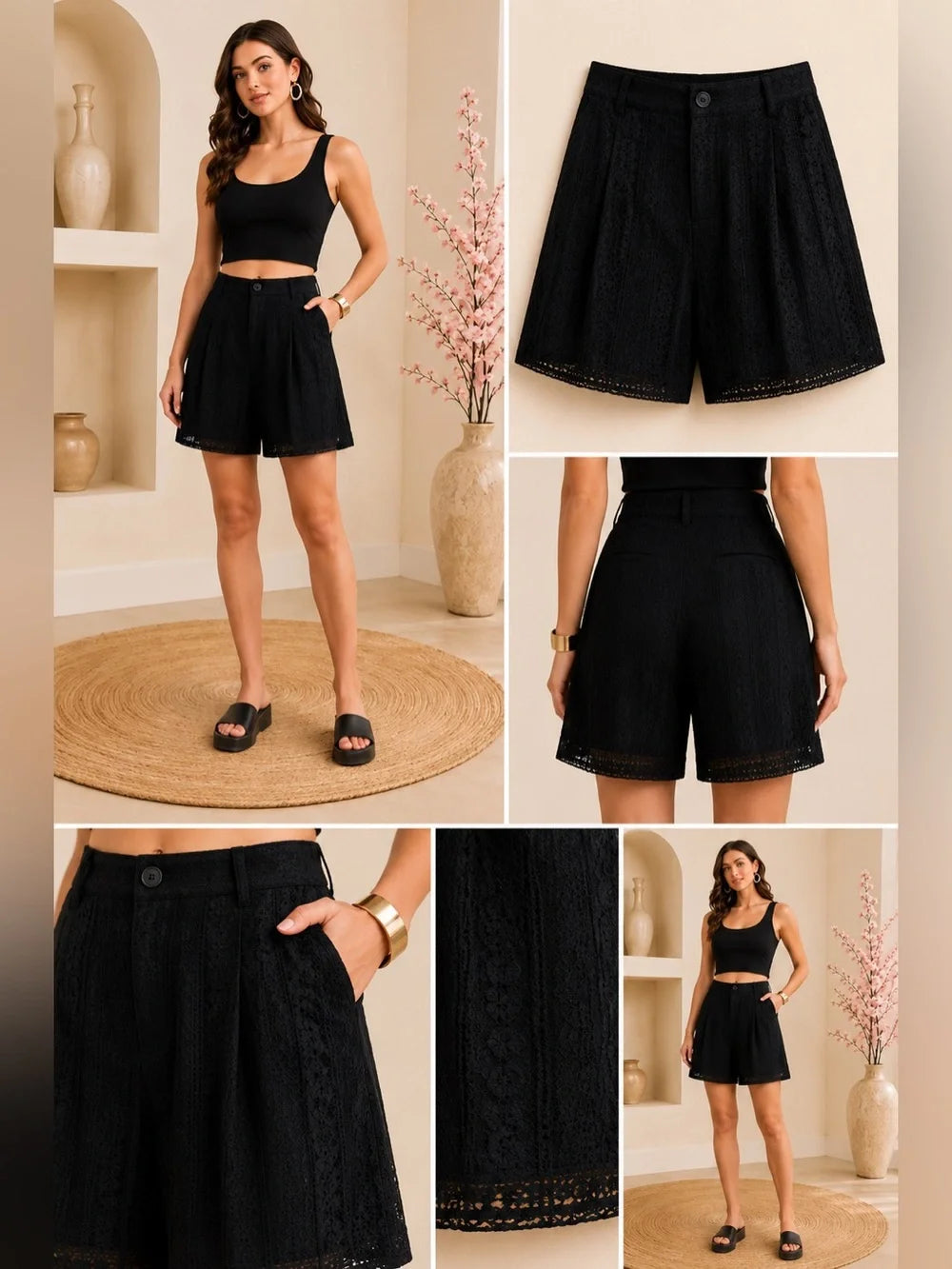 Boutique Black Embroidered Lace Shorts Lined Boho Chic
