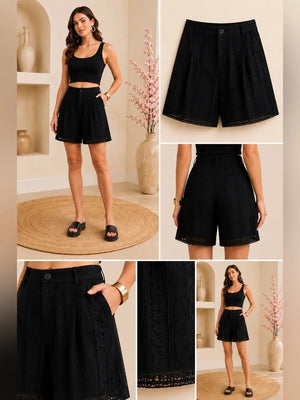 Boutique Black Embroidered Lace Shorts Lined Boho Chic