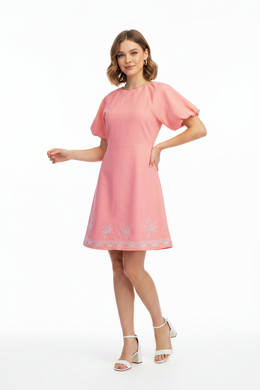 Palm Tree Embroidered Linen Mini Dress