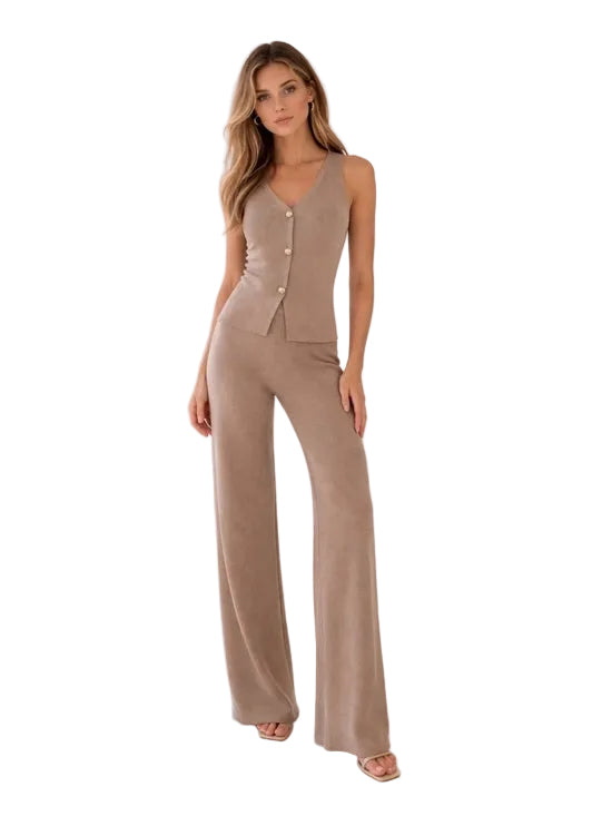 Mocha Wide Leg Pants & Gold Button Vest Set