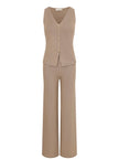 Mocha Wide Leg Pants & Gold Button Vest Set