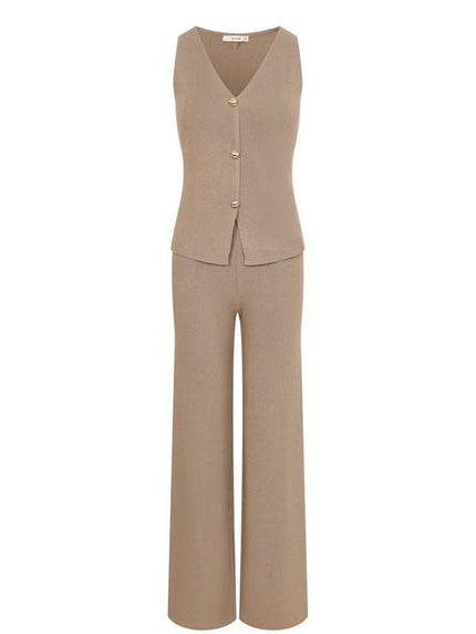 Mocha Wide Leg Pants & Gold Button Vest Set