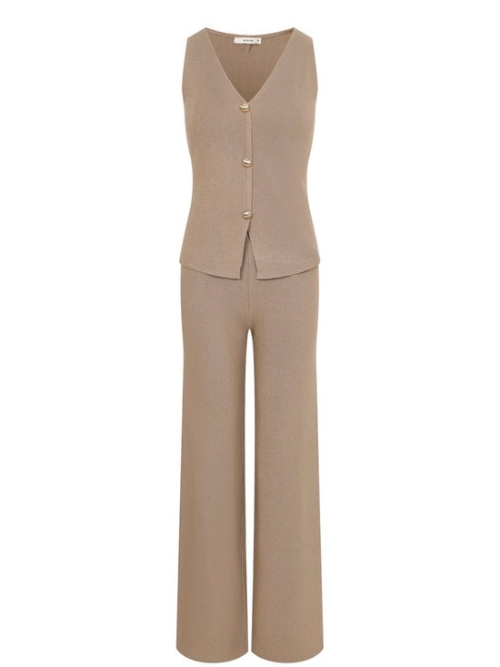 Mocha Wide Leg Pants & Gold Button Vest Set