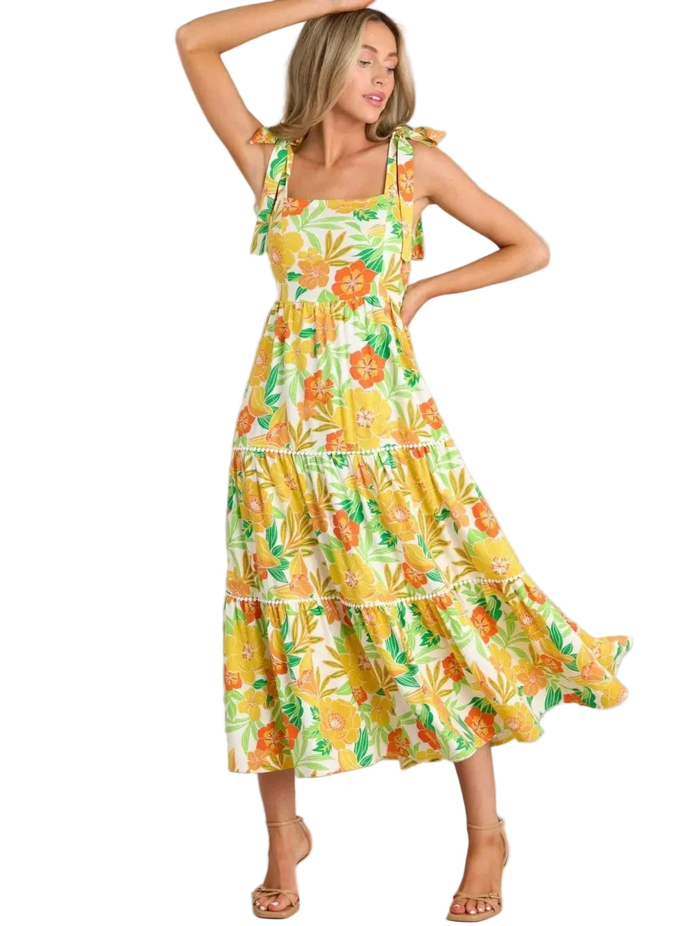 Tropical Floral Tie-Strap Maxi Dress Linen