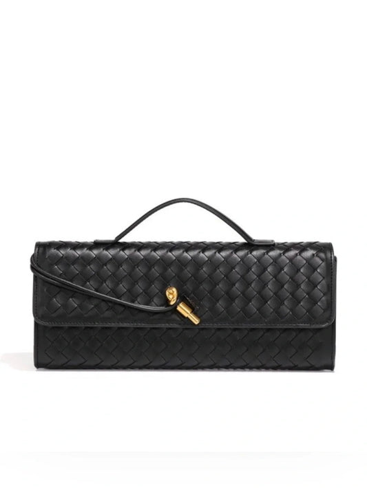 Black Woven Leather Shoulder Handbag with Detachable Chain