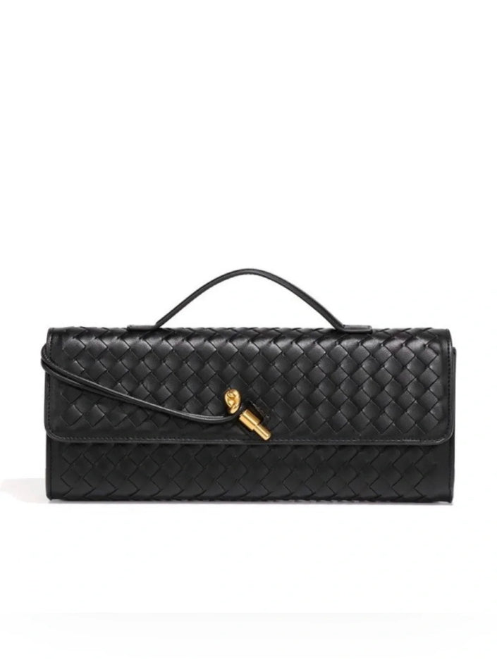 Black Woven Leather Shoulder Handbag with Detachable Chain