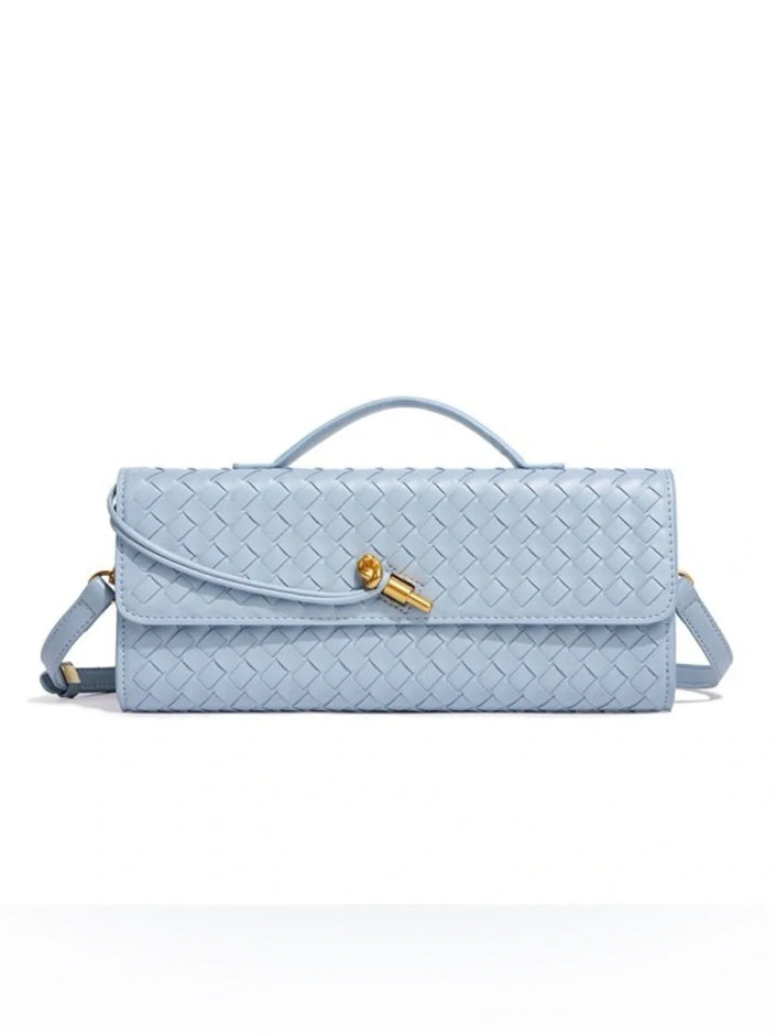 Blue Woven Leather Shoulder Handbag with Detachable Chain