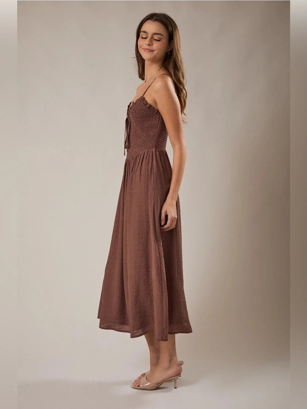 Chocolate Smocked Midi Dress - Elegant Spaghetti Strap