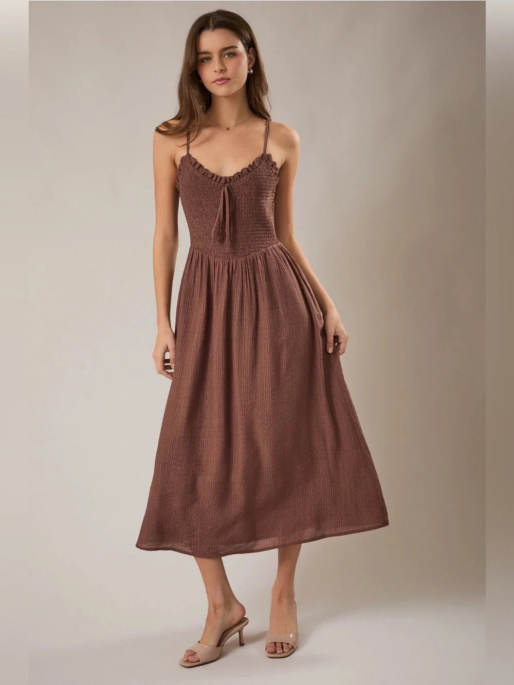 Chocolate Smocked Midi Dress - Elegant Spaghetti Strap