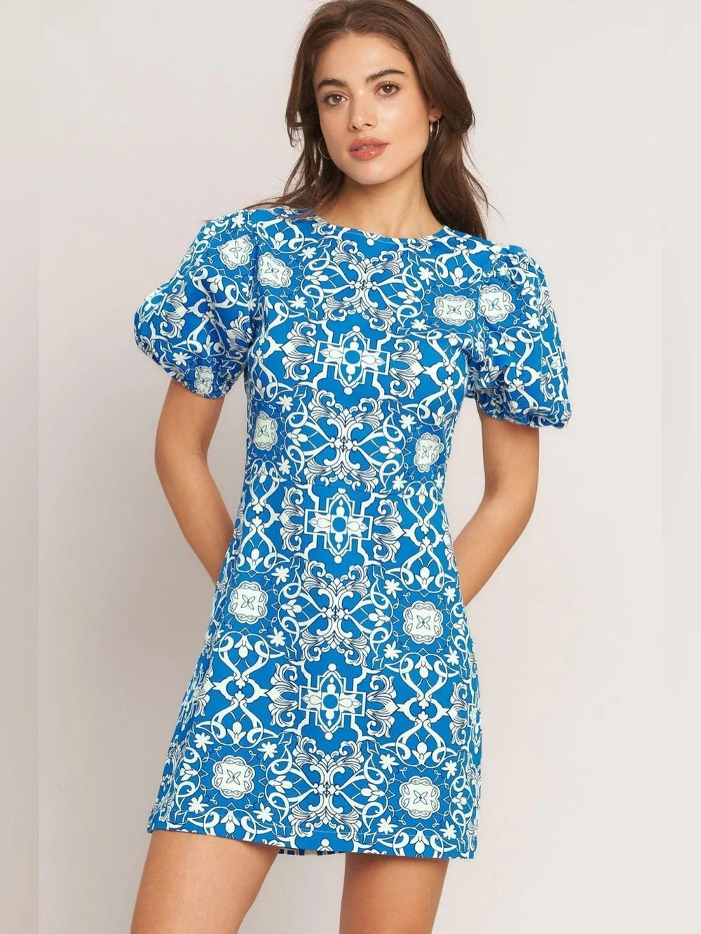 Jewel Neck Mini Crepe Cocktail A-Line Dress