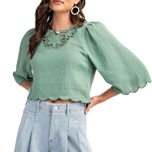 Crochet Yoke Puff Sleeve TOP in Sage