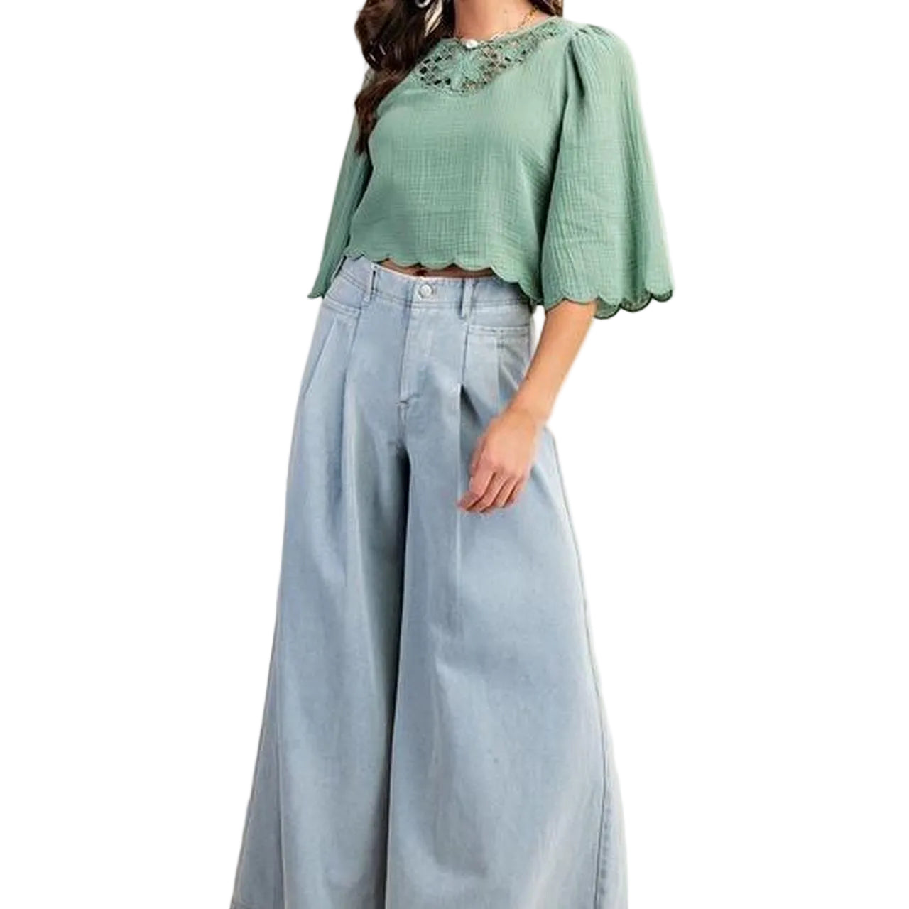 Crochet Yoke Puff Sleeve TOP in Sage