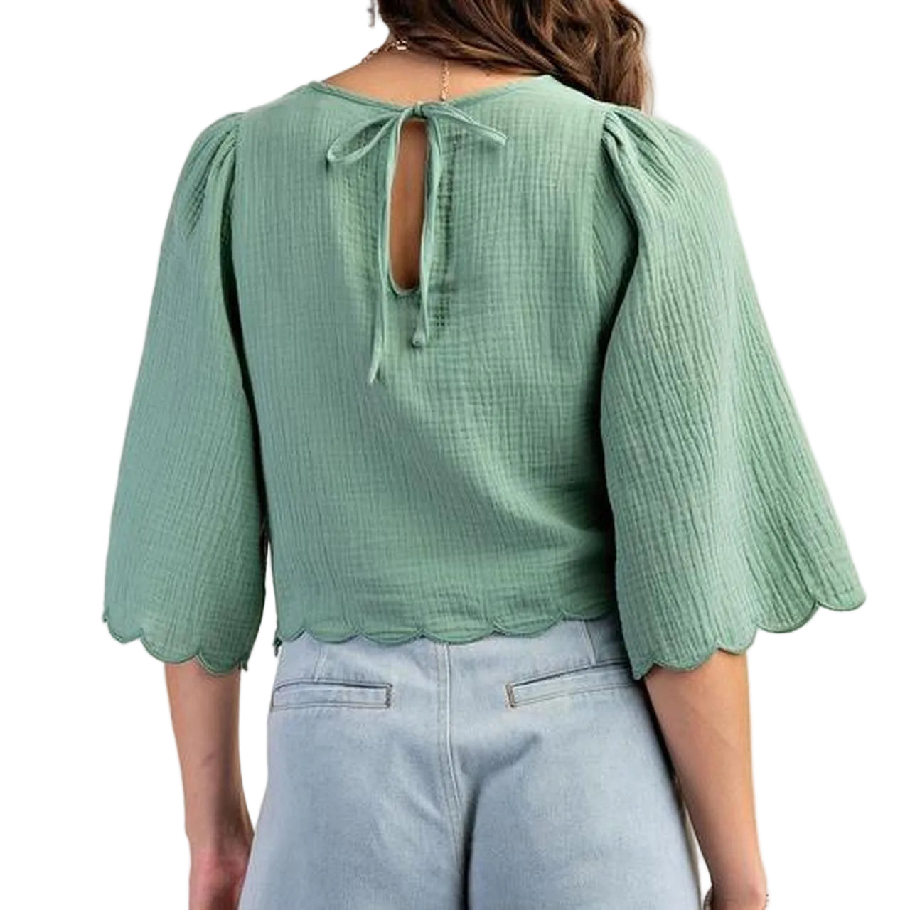 Crochet Yoke Puff Sleeve TOP in Sage