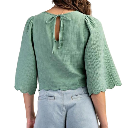 Crochet Yoke Puff Sleeve TOP in Sage