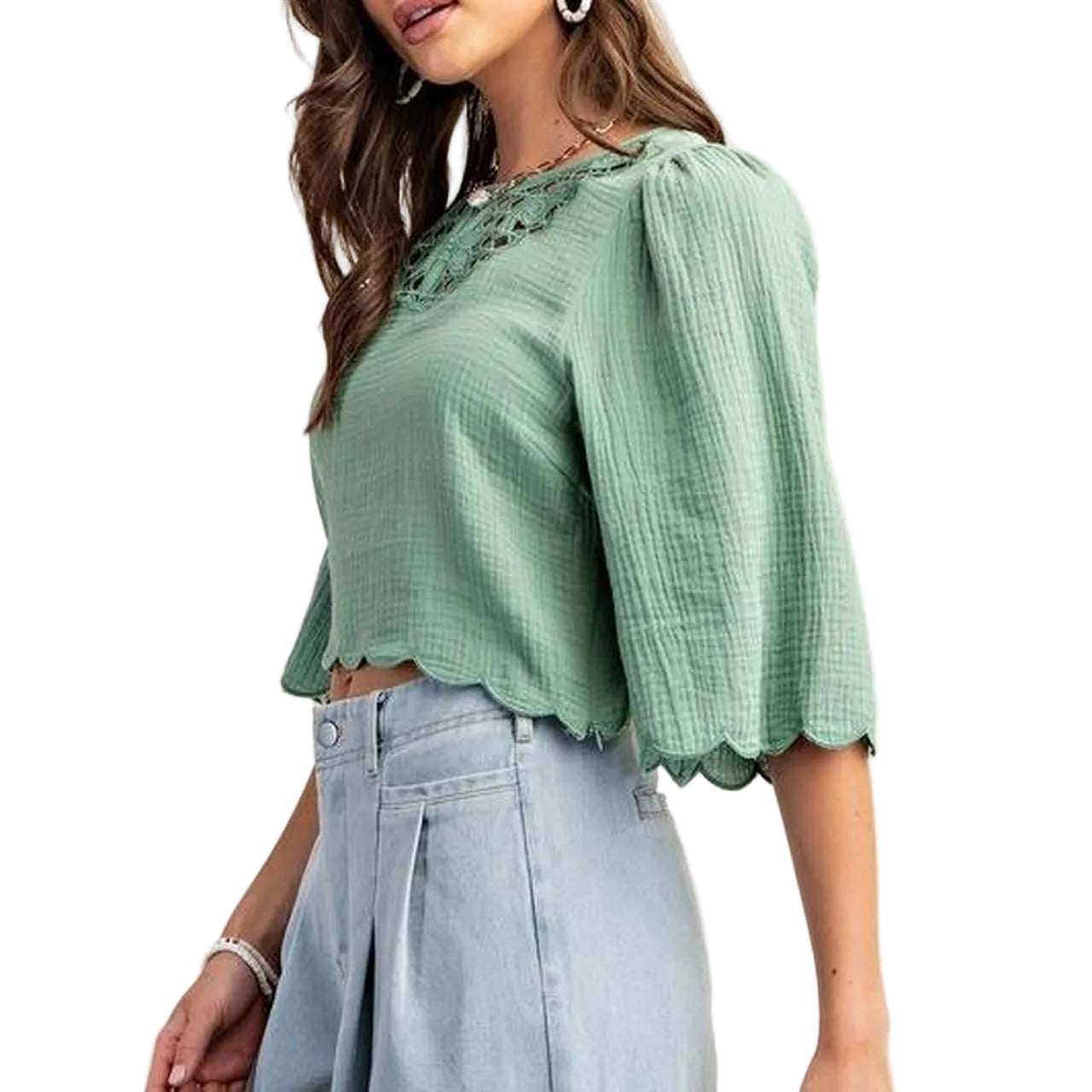 Crochet Yoke Puff Sleeve TOP in Sage