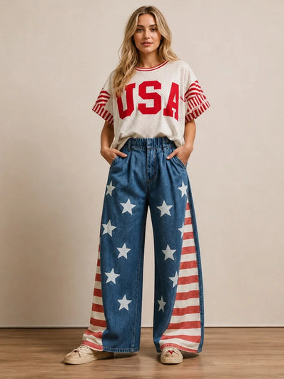 Vintage Washed American Flag Jeans with Star Patches