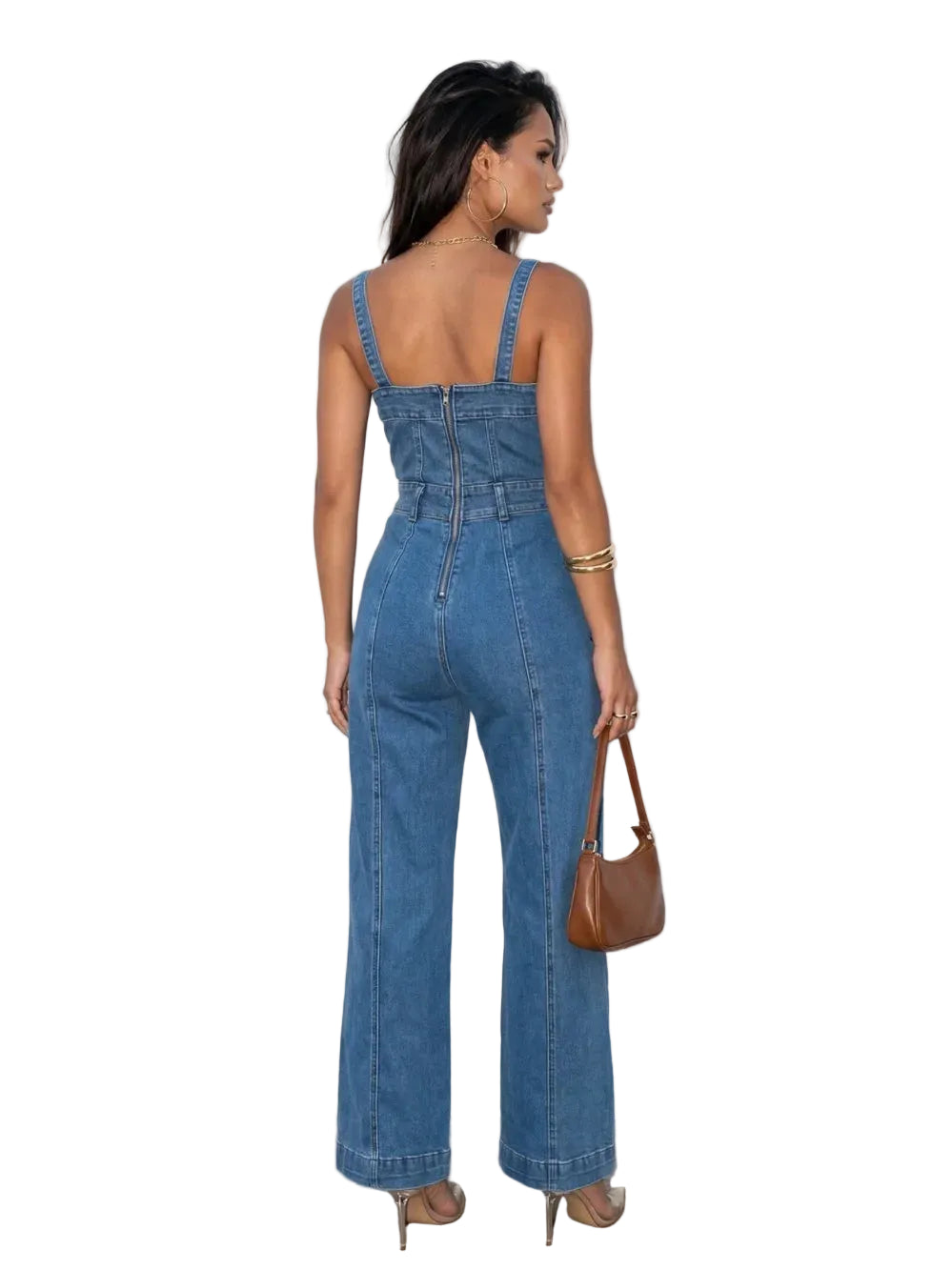 Front Cut Exposed Seam Washed Denim Jumpsuit Set