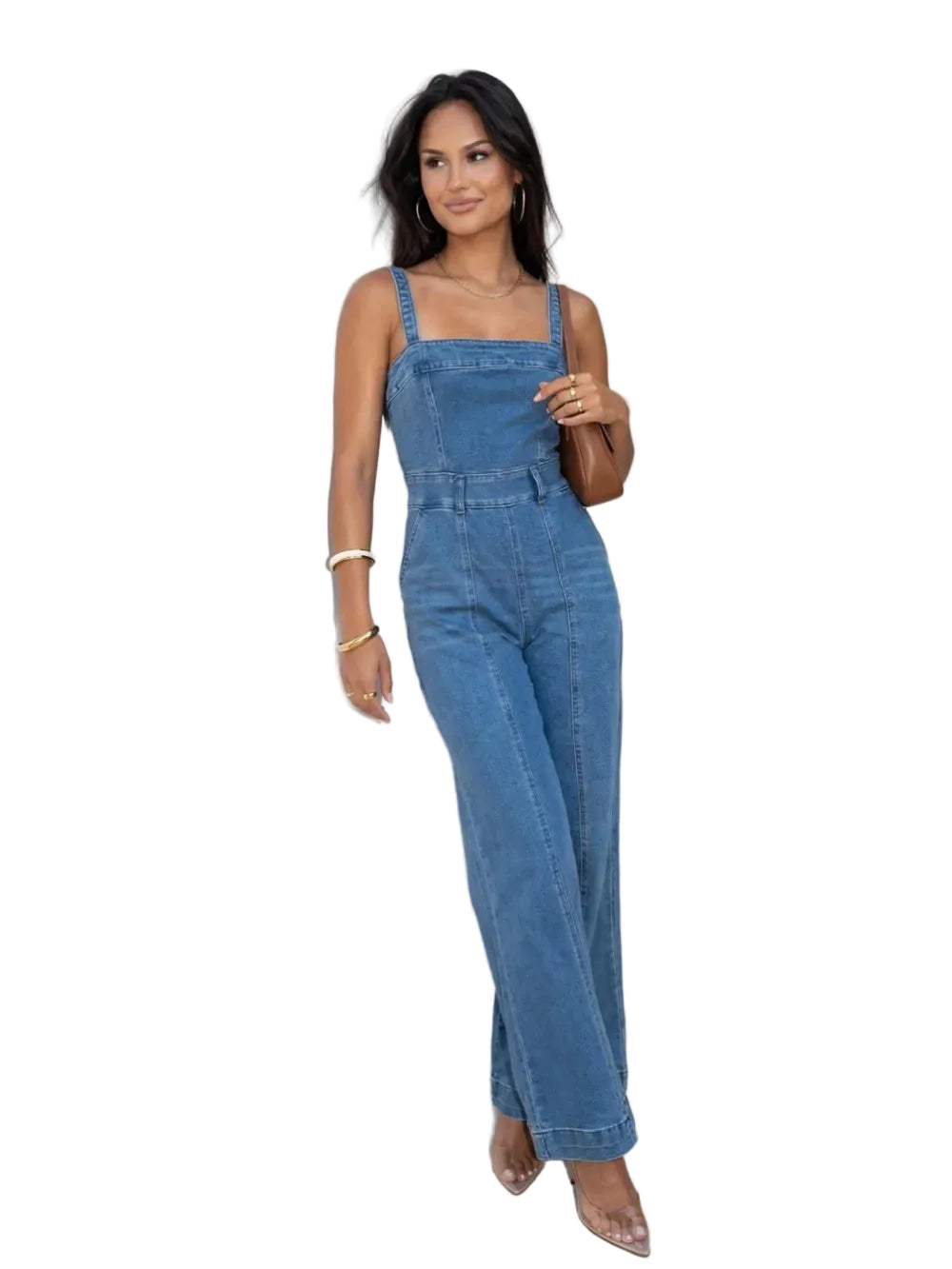 Front Cut Exposed Seam Washed Denim Jumpsuit Set