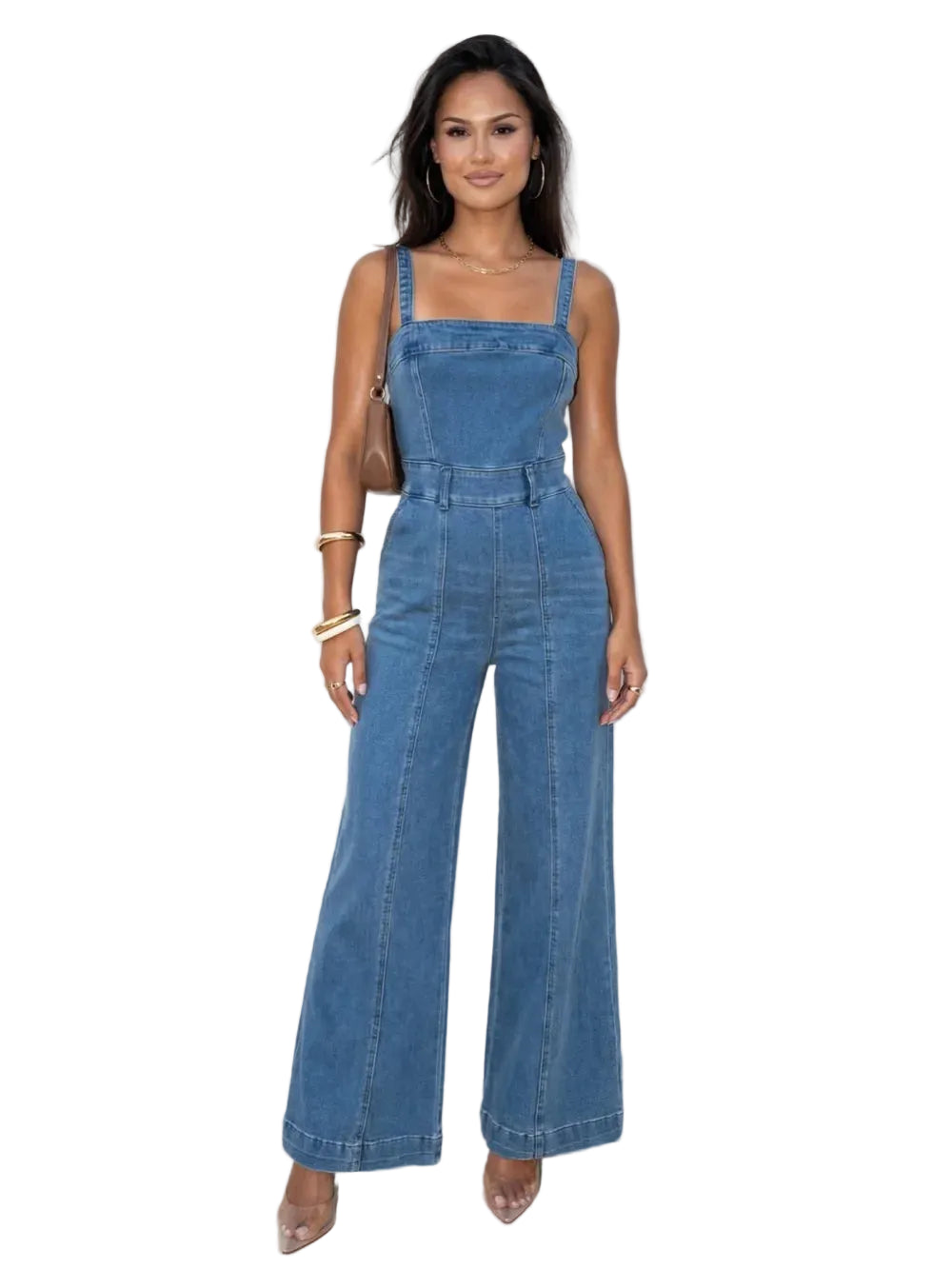 Front Cut Exposed Seam Washed Denim Jumpsuit Set