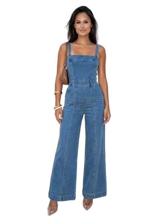 Front Cut Exposed Seam Washed Denim Jumpsuit Set