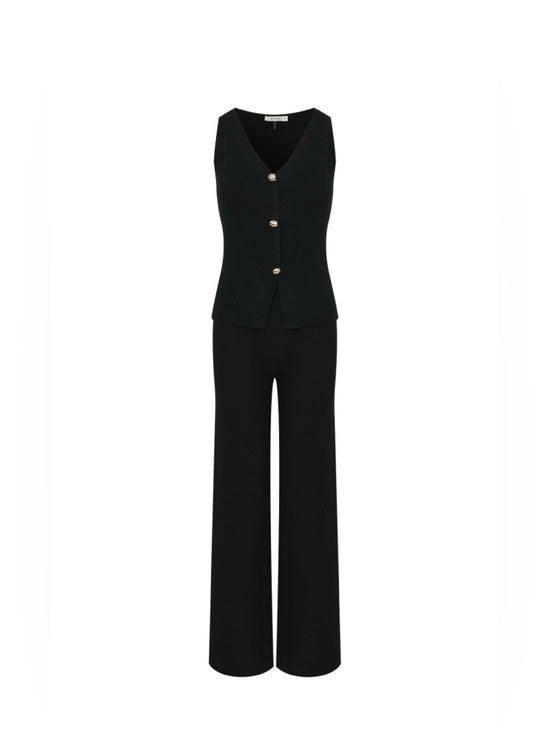 Black Wide Leg High waisted Pants & Gold Button Vest Set