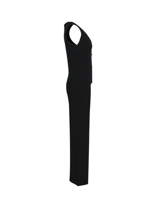 Black Wide Leg High waisted Pants & Gold Button Vest Set