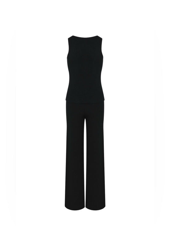 Black Wide Leg High waisted Pants & Gold Button Vest Set