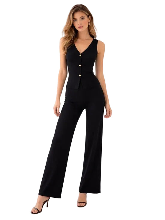 Black Wide Leg High waisted Pants & Gold Button Vest Set
