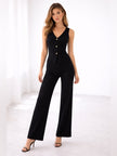 Black Wide Leg High waisted Pants & Gold Button Vest Set