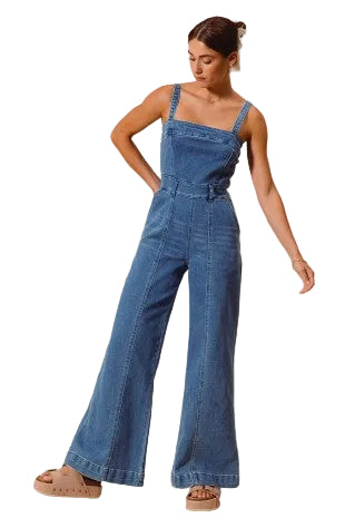 Front Cut Exposed Seam Washed Denim Jumpsuit Set