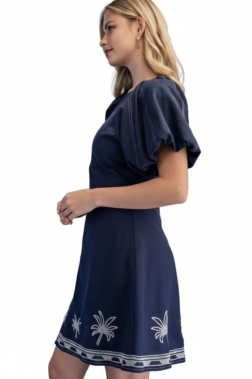 Palm Tree Embroidered Linen Mini Dress