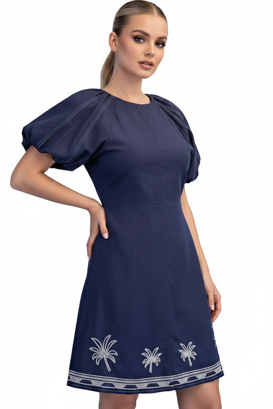 Palm Tree Embroidered Linen Mini Dress