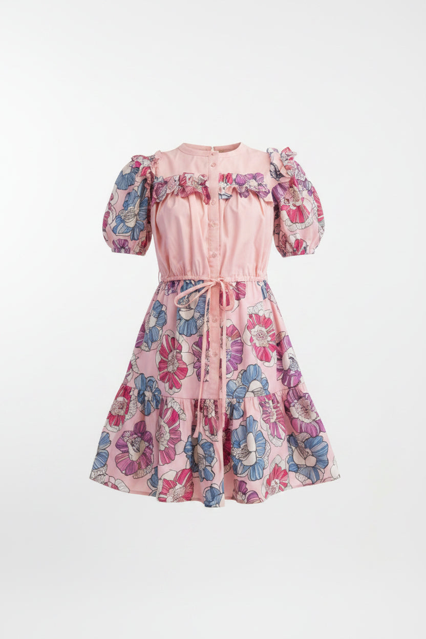 Gigio Pink Floral Ruffle Puff Sleeve Dress