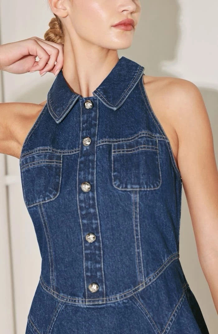 Denim Halter Button-Front Mini Dress