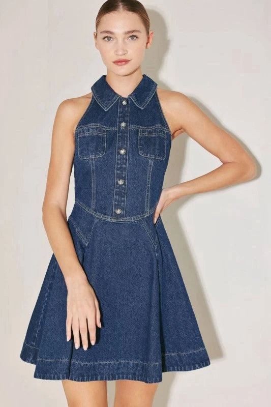 Denim Halter Button-Front Mini Dress