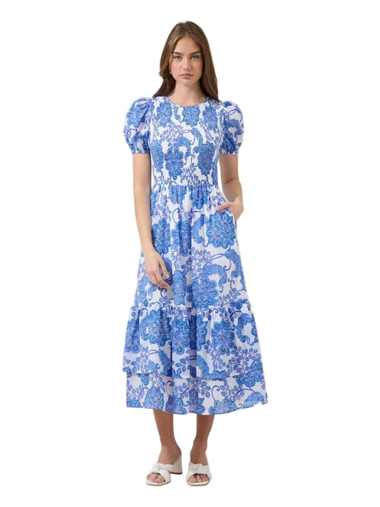 Blue White Floral Puff Sleeve Smocked Midi Dress