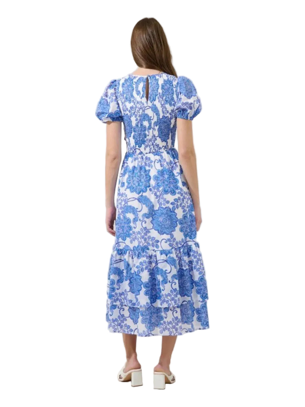 Blue White Floral Puff Sleeve Smocked Midi Dress