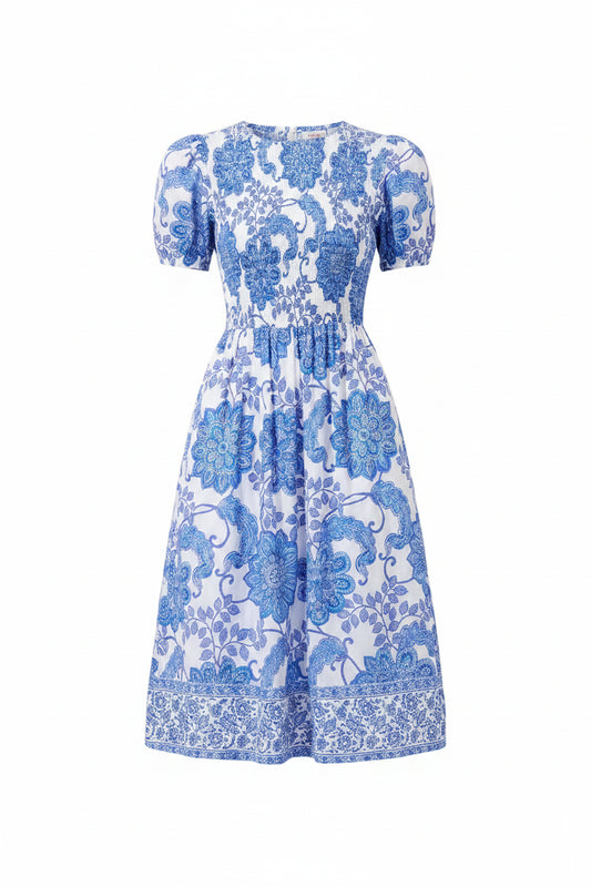 Blue White Floral Puff Sleeve Smocked Midi Dress