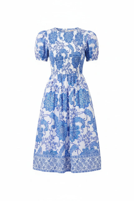 Blue White Floral Puff Sleeve Smocked Midi Dress