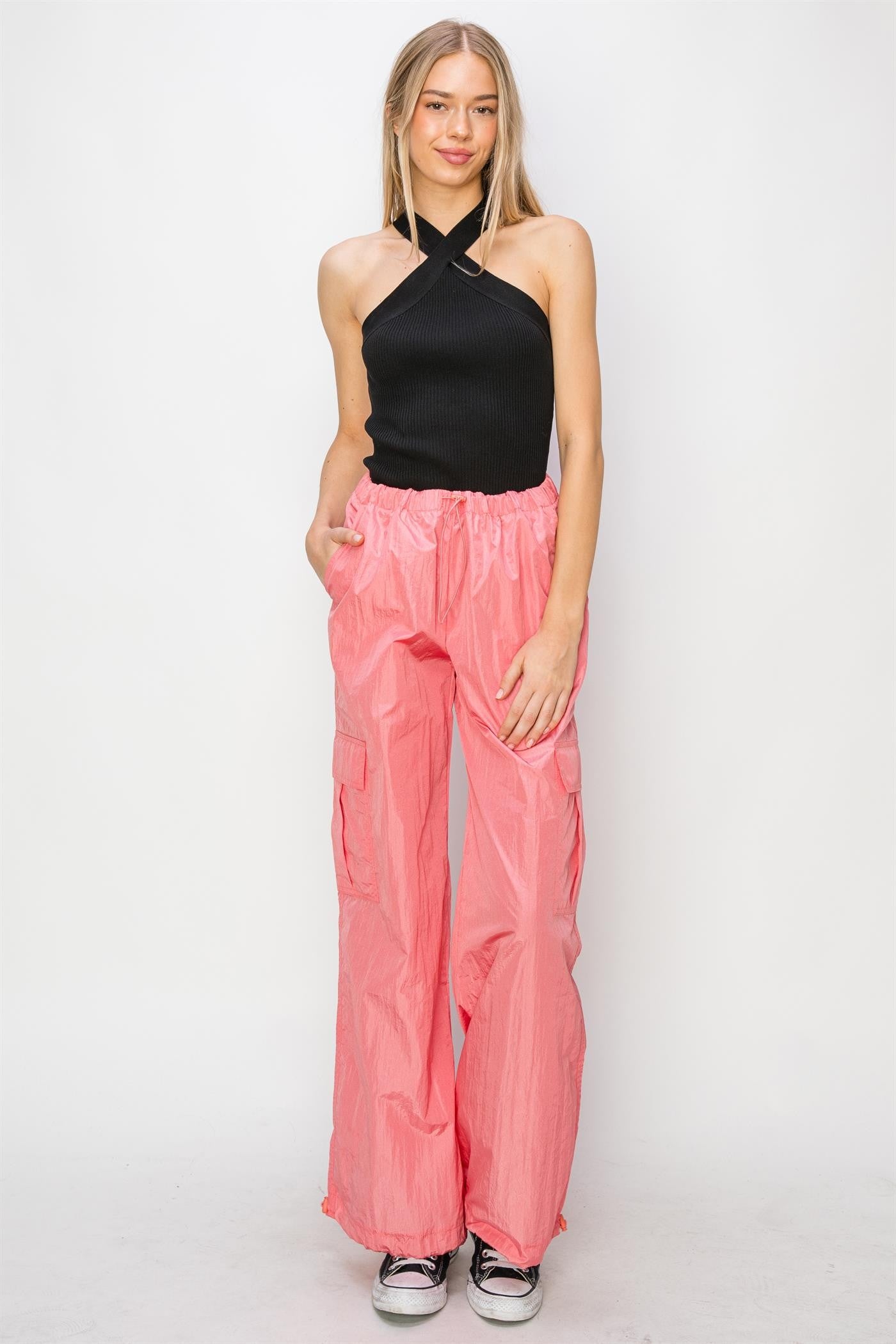 Low Rise Parachute Cargo Pants Rose Color