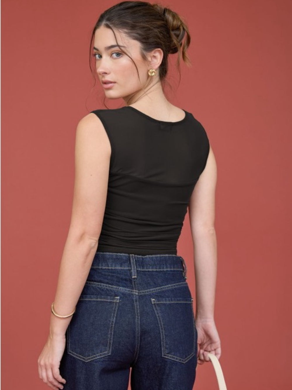 MESH SQUARE NECK RUCHED KNIT CROP TOP Black Size M