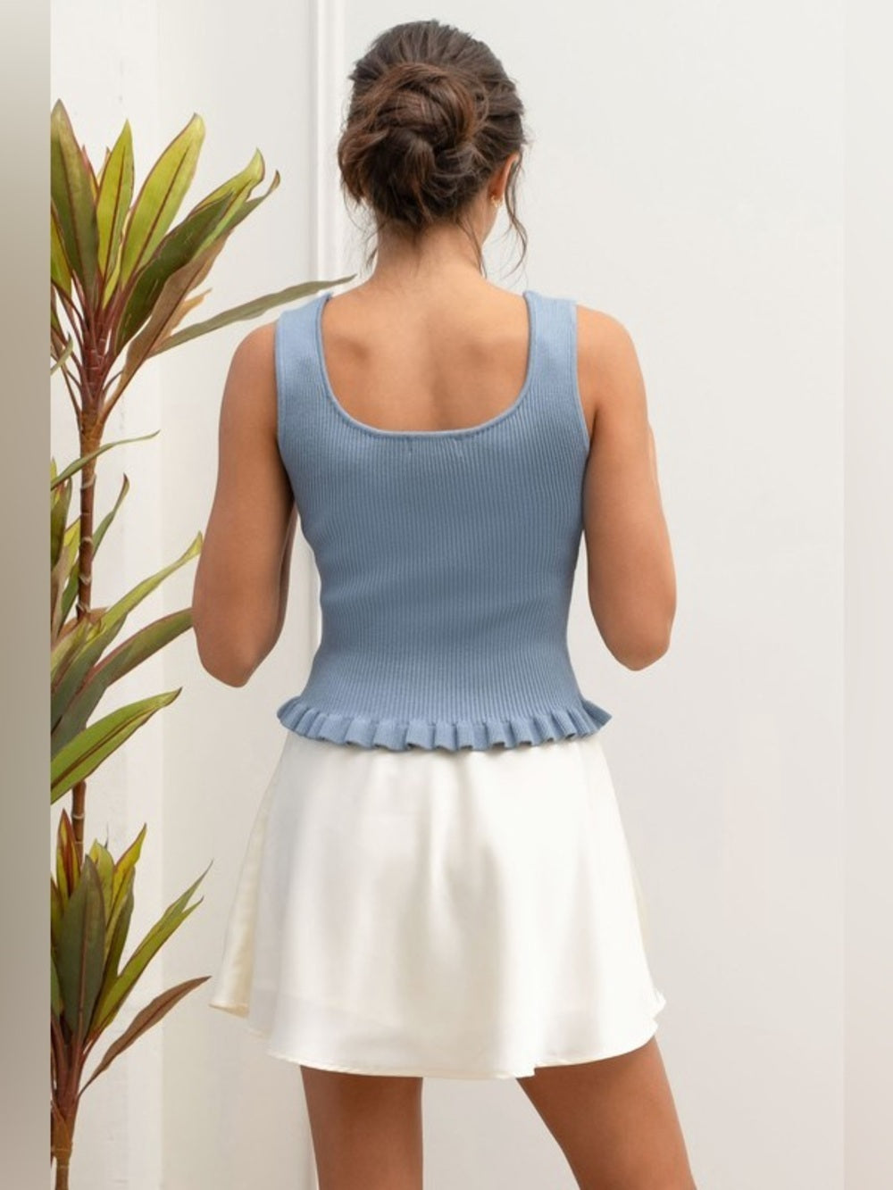 Ribbed Lettuce Hem Sweater Knit Tank Top – Dusty Blue