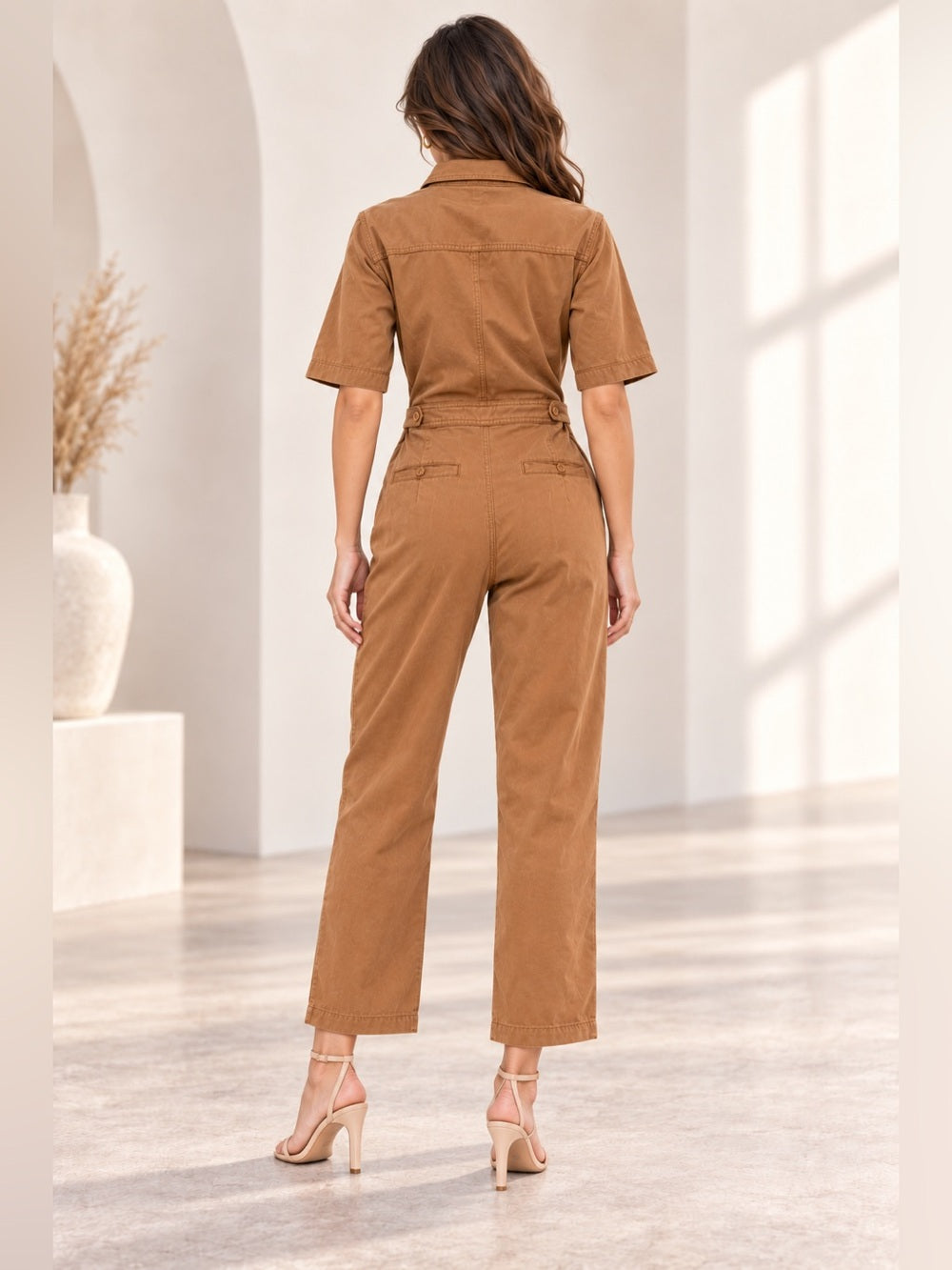 Camel Brown Stretch Denim Utility Jumpsuit Short Sleeve
