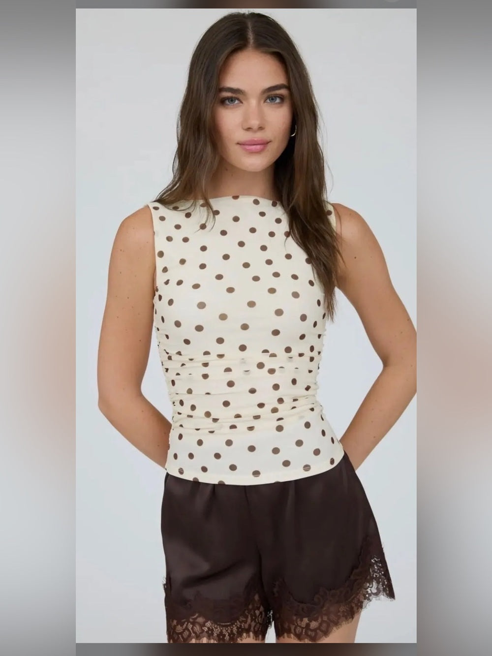 Sleeveless Cream Polka Dot Ruched Top