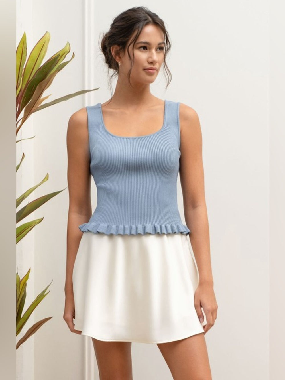 Ribbed Lettuce Hem Sweater Knit Tank Top – Dusty Blue