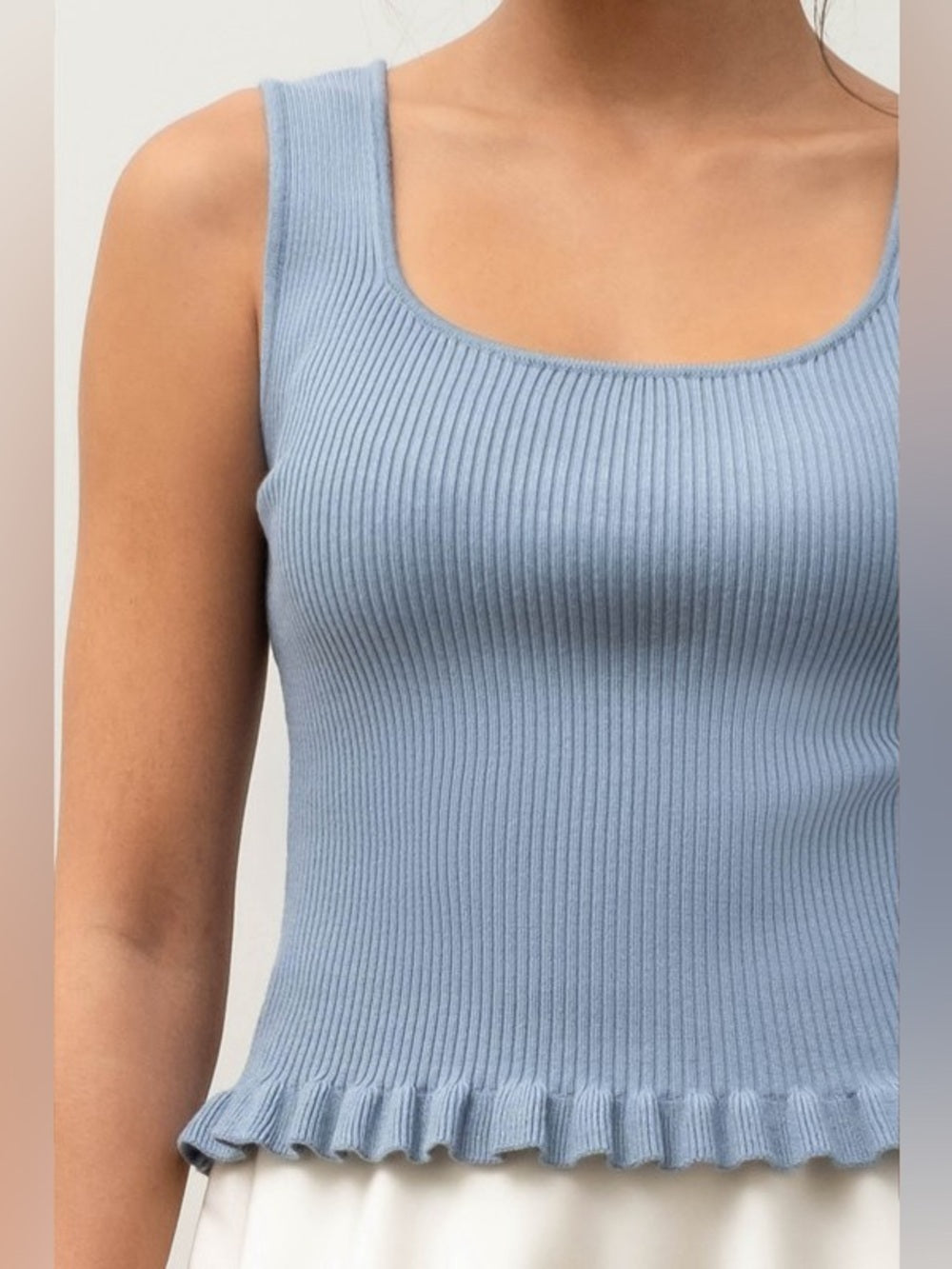 Ribbed Lettuce Hem Sweater Knit Tank Top – Dusty Blue